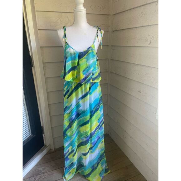 NWT Calvin Klein Spaghetti Strap Maxi Dress Blue/ Green Size 6 ruffled layer - Picture 9 of 13